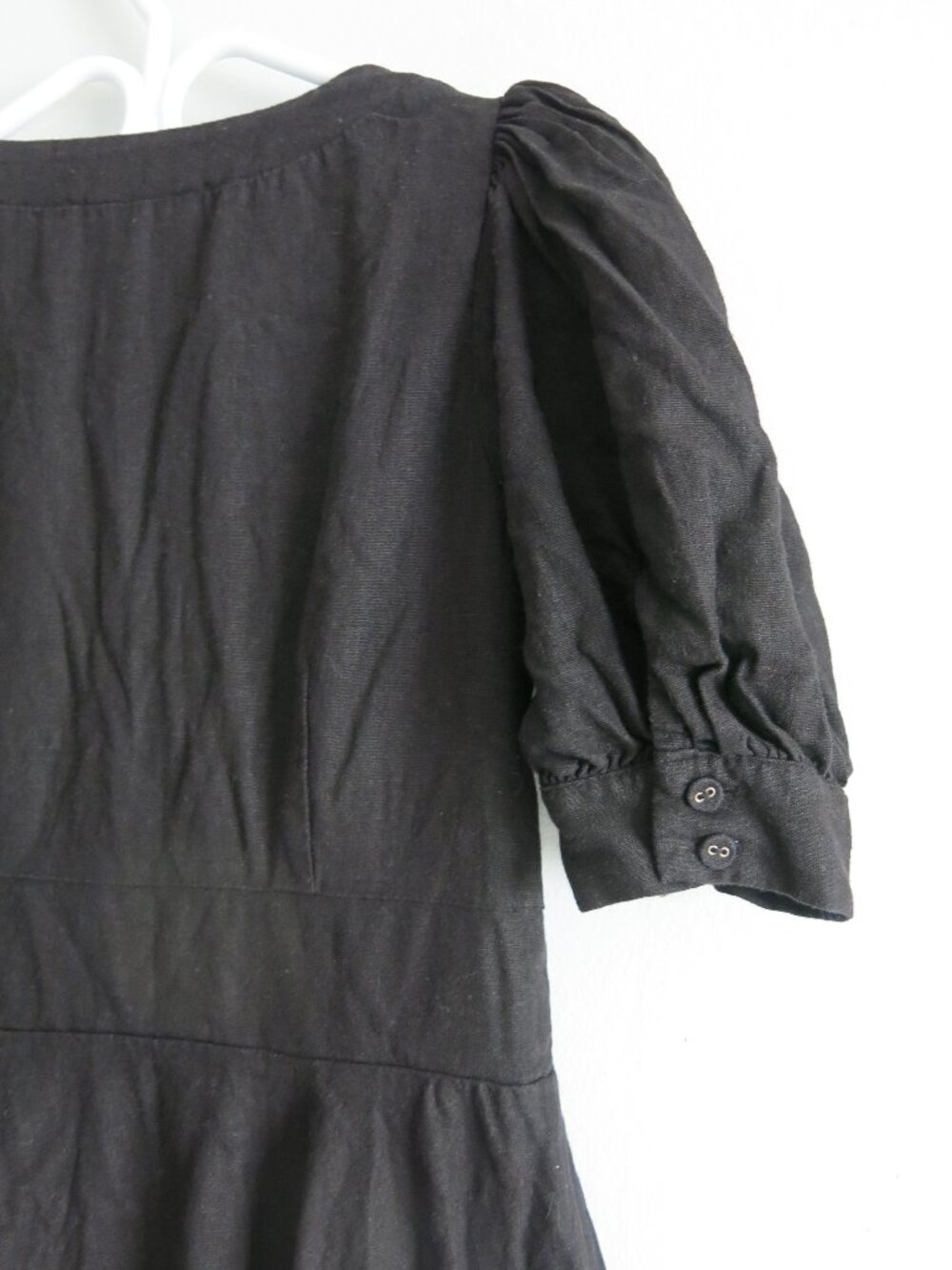 House of Harlow 1960 Black Linen Blend Lace Up V Neck Puff Sleeve Dress - Size 4 - Picture 6 of 9